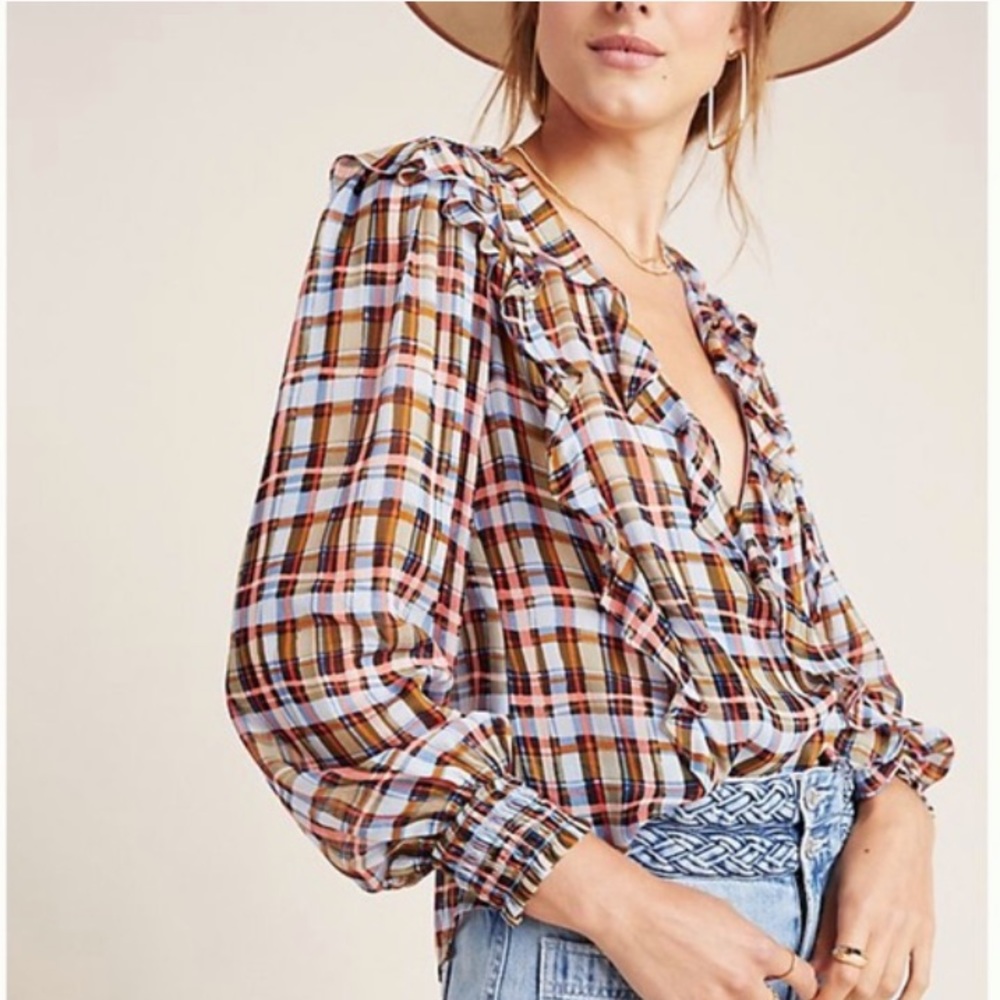Anthropologie Maeve Plaid Ruffle Blouse
